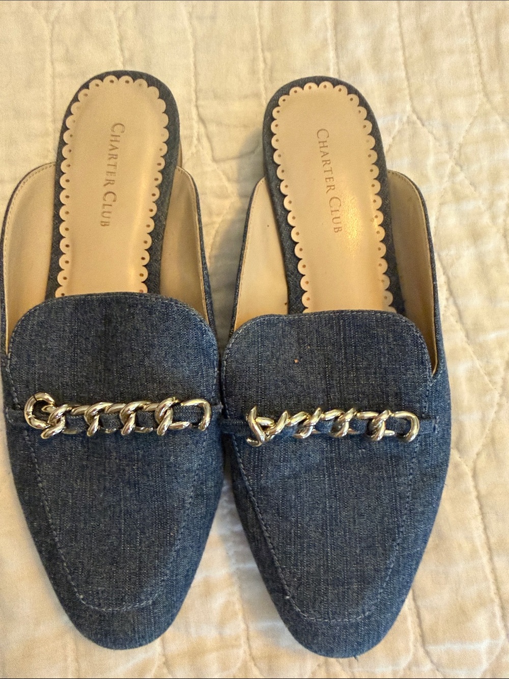 Charter Club Denim Slip-On Mules with Gold Chain Trim
